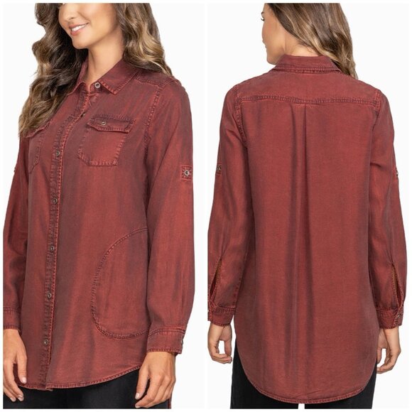 Stella Carakasi Washed Indigo Tunic Port Red Button Up XL Tencel - Picture 1 of 9